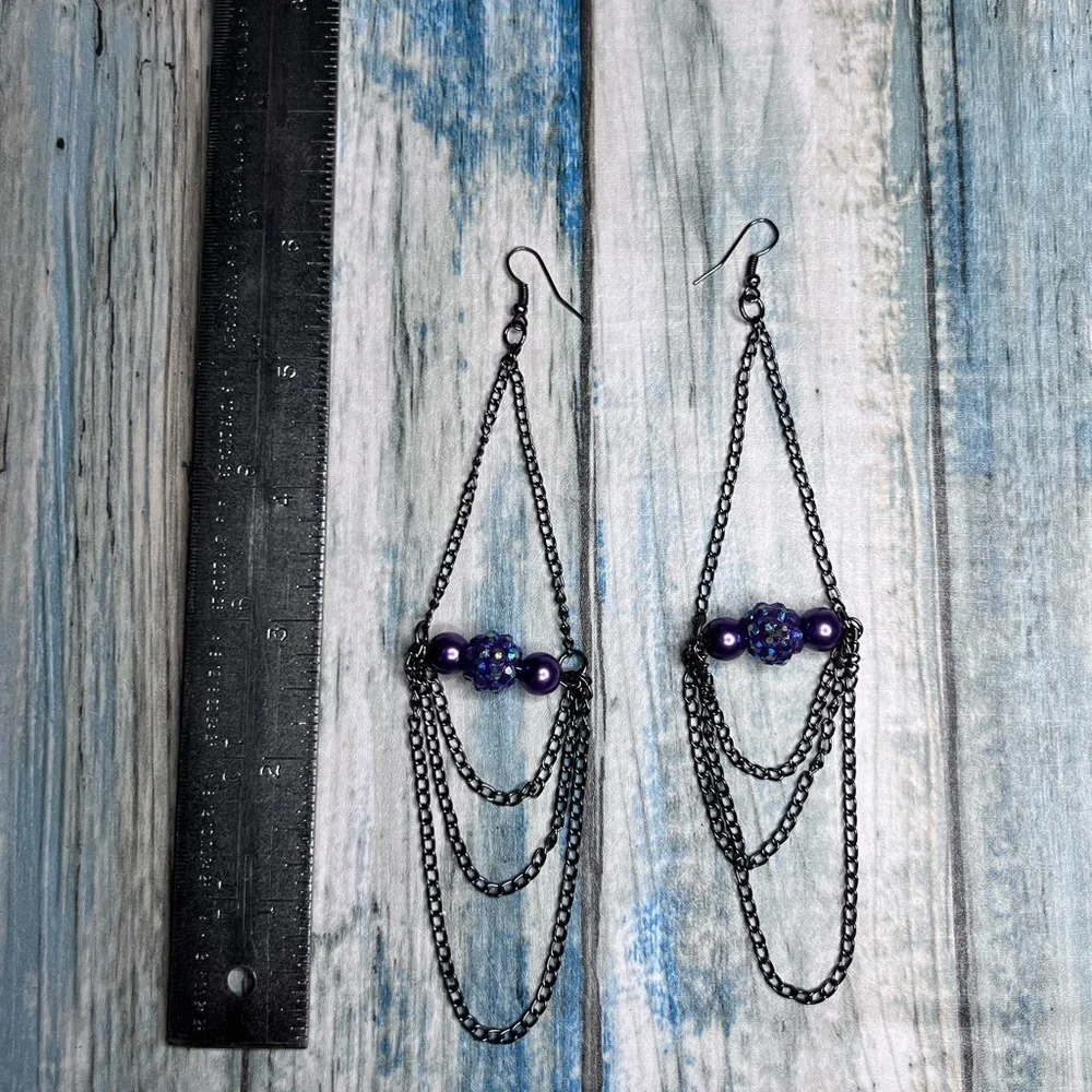 Purple bead and gunmetal chain long dangle earrings